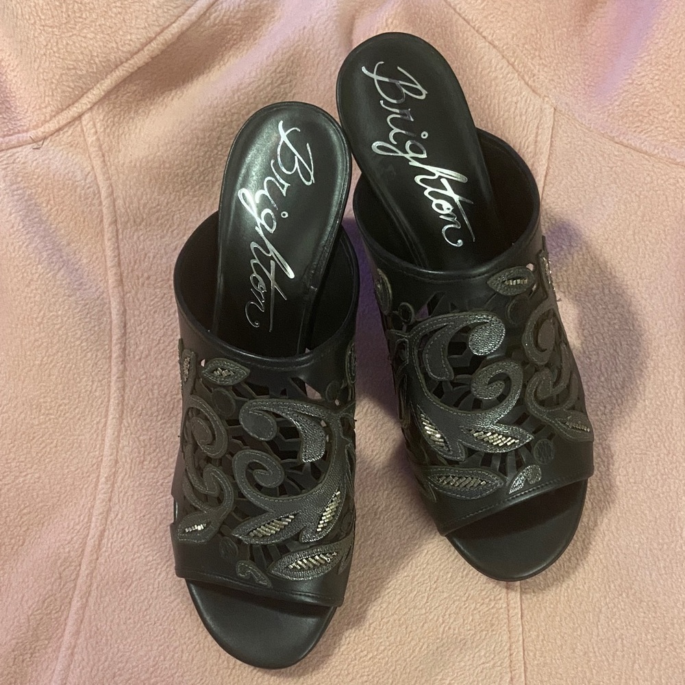 Brighton Black and Silver Open-Toe Mules